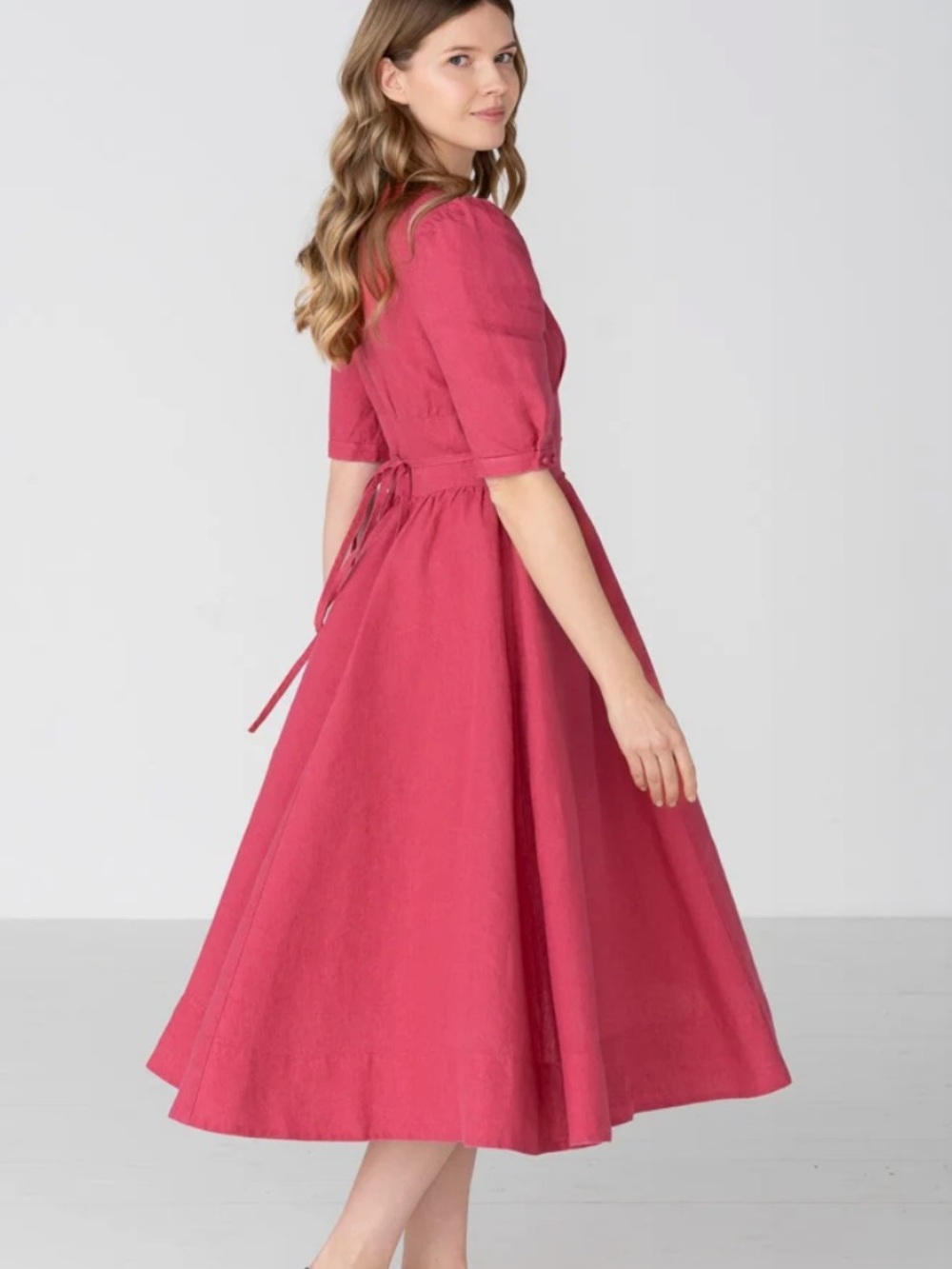 Son De Flor NWT Diane puff sleeve linen midi dress in wild rose size XS - Picture 4 of 5